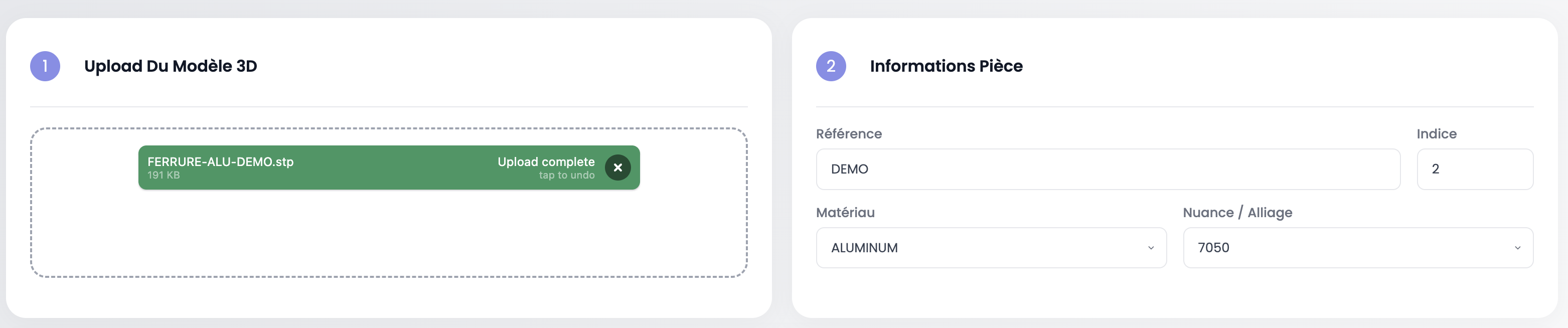 Upload et informations pièce