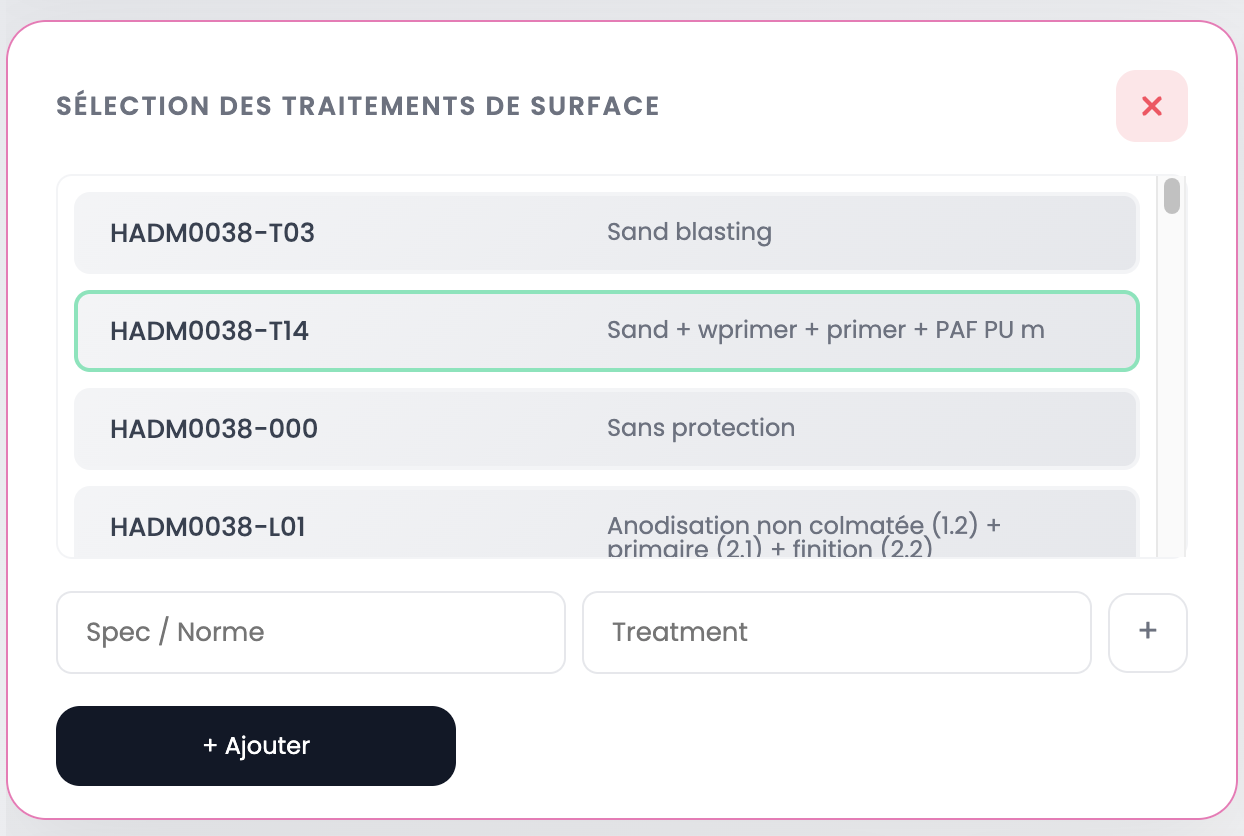 Sélection des traitements de surface