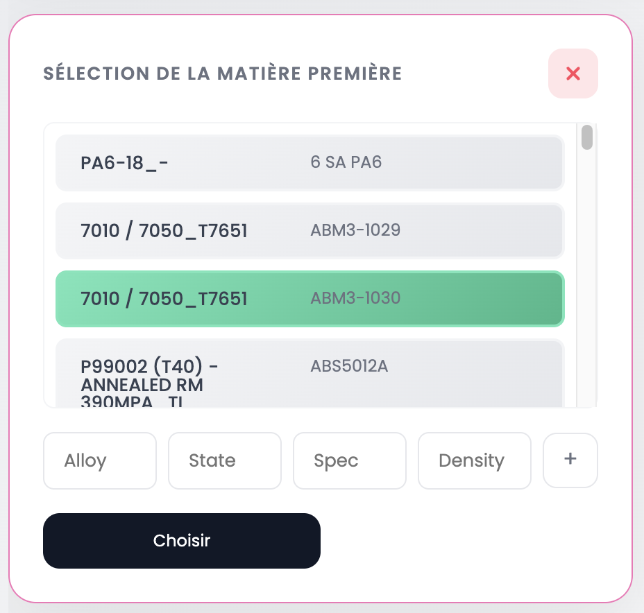 Sélection de la matière première