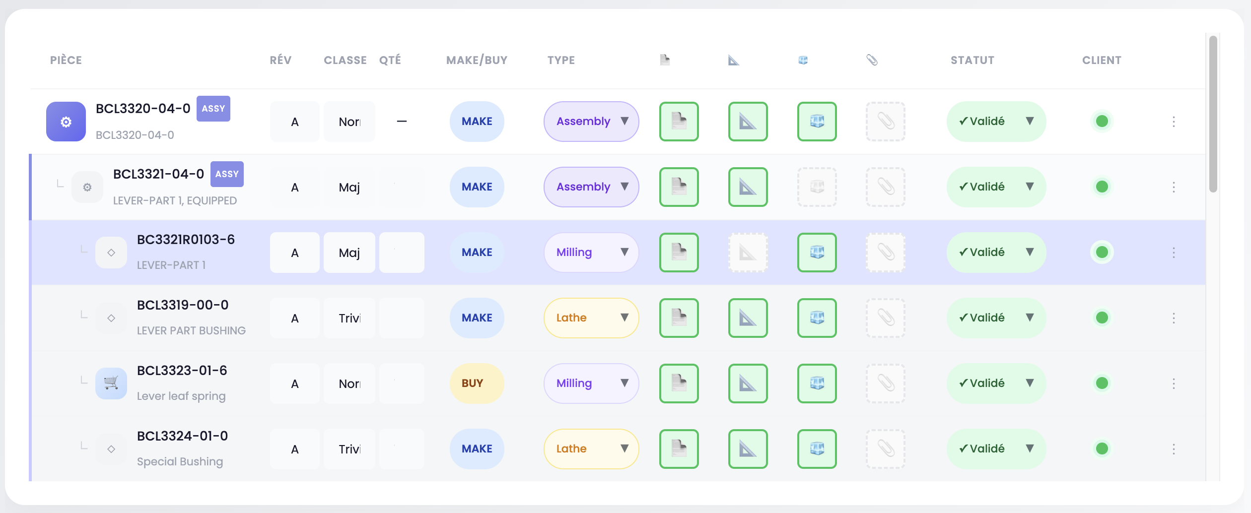Tableau Engineering avec hiérarchie et quantités