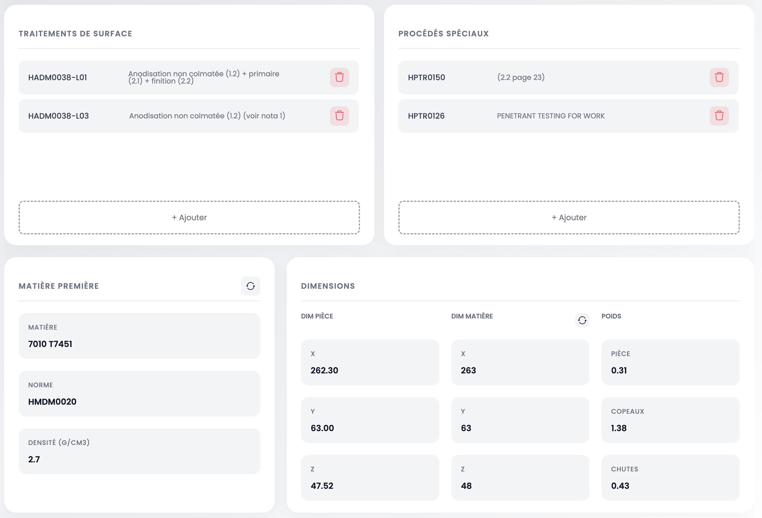 Traitements de surface, procédés spéciaux et matière première