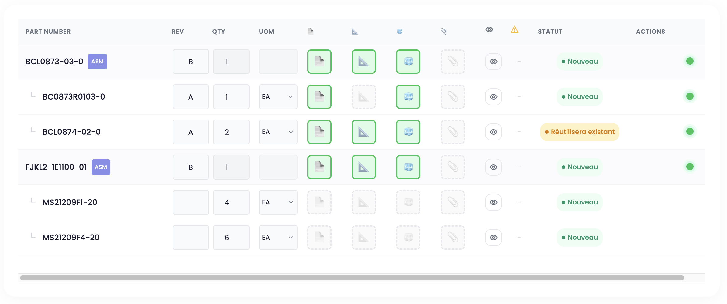 Tableau des résultats de l'extraction