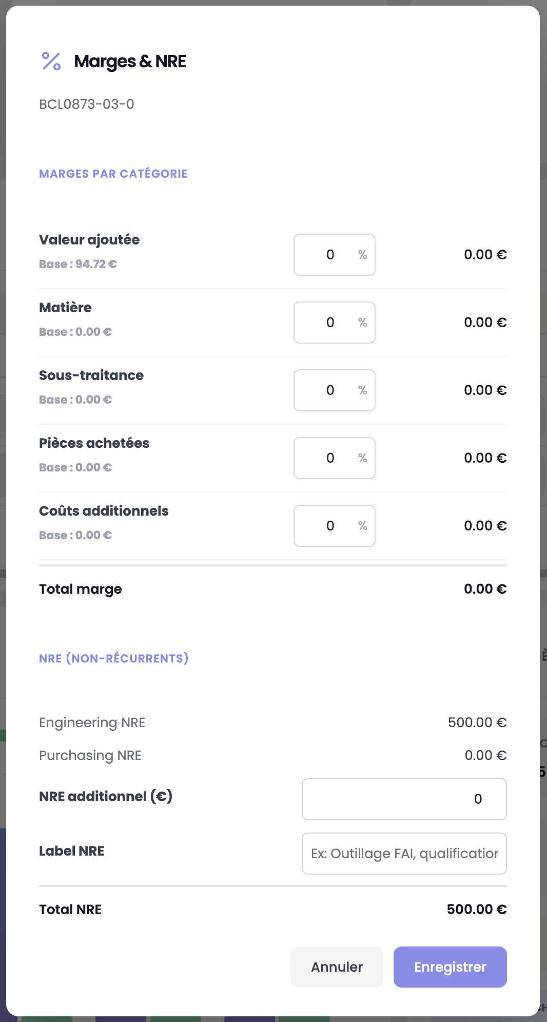 Marges par catégorie et NRE