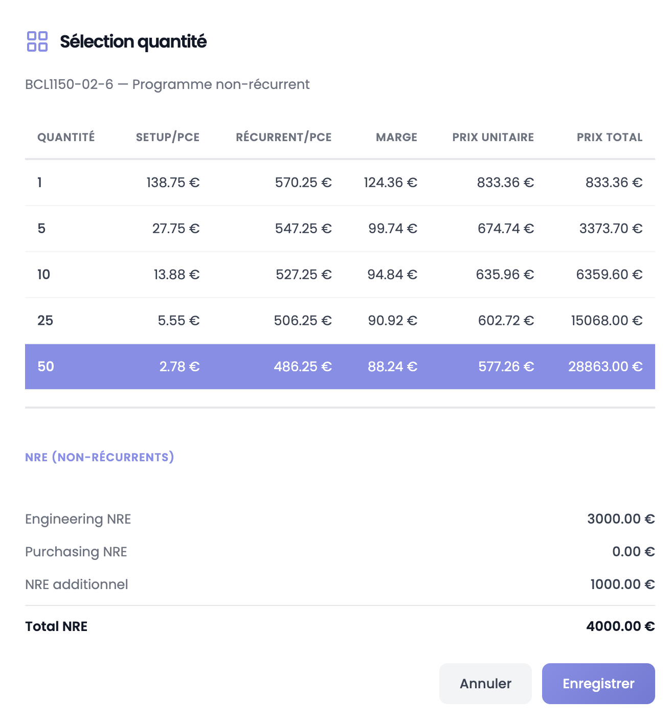 Sélection de la quantité
